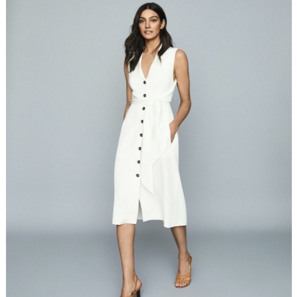 Size 0 Reiss Linen Midi White Dress with Sleeves
